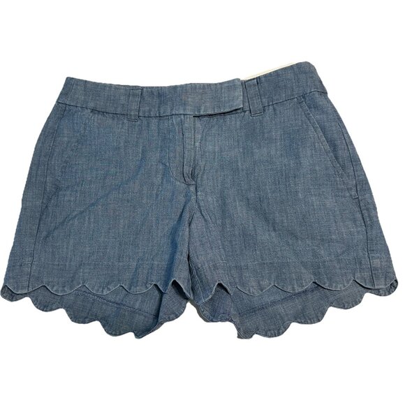 J Crew Women Sz 00 Chambray short scalloped hem Blue Pockets Cotton - Picture 1 of 8